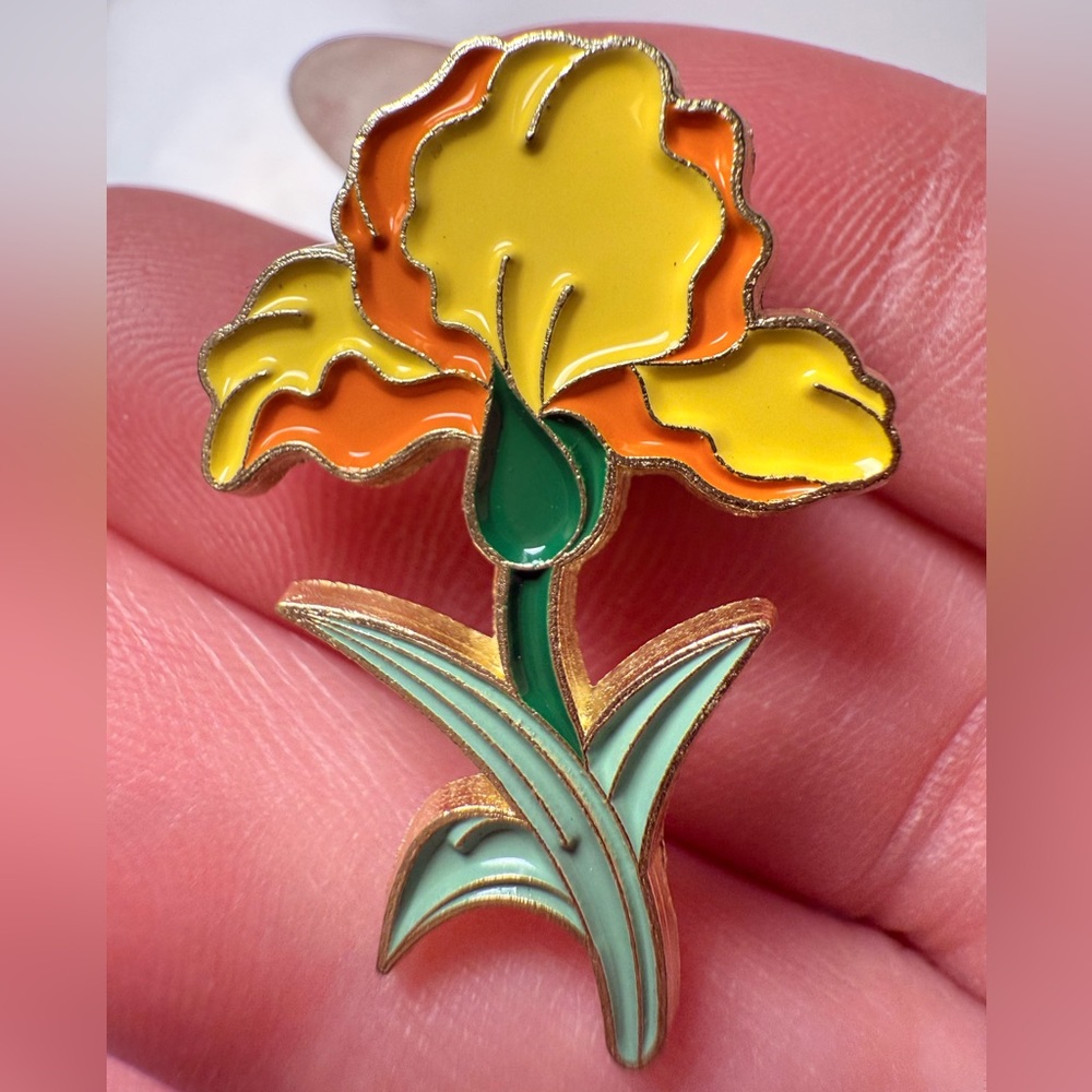 Floral Enamel Brooch in Yellow and Orange